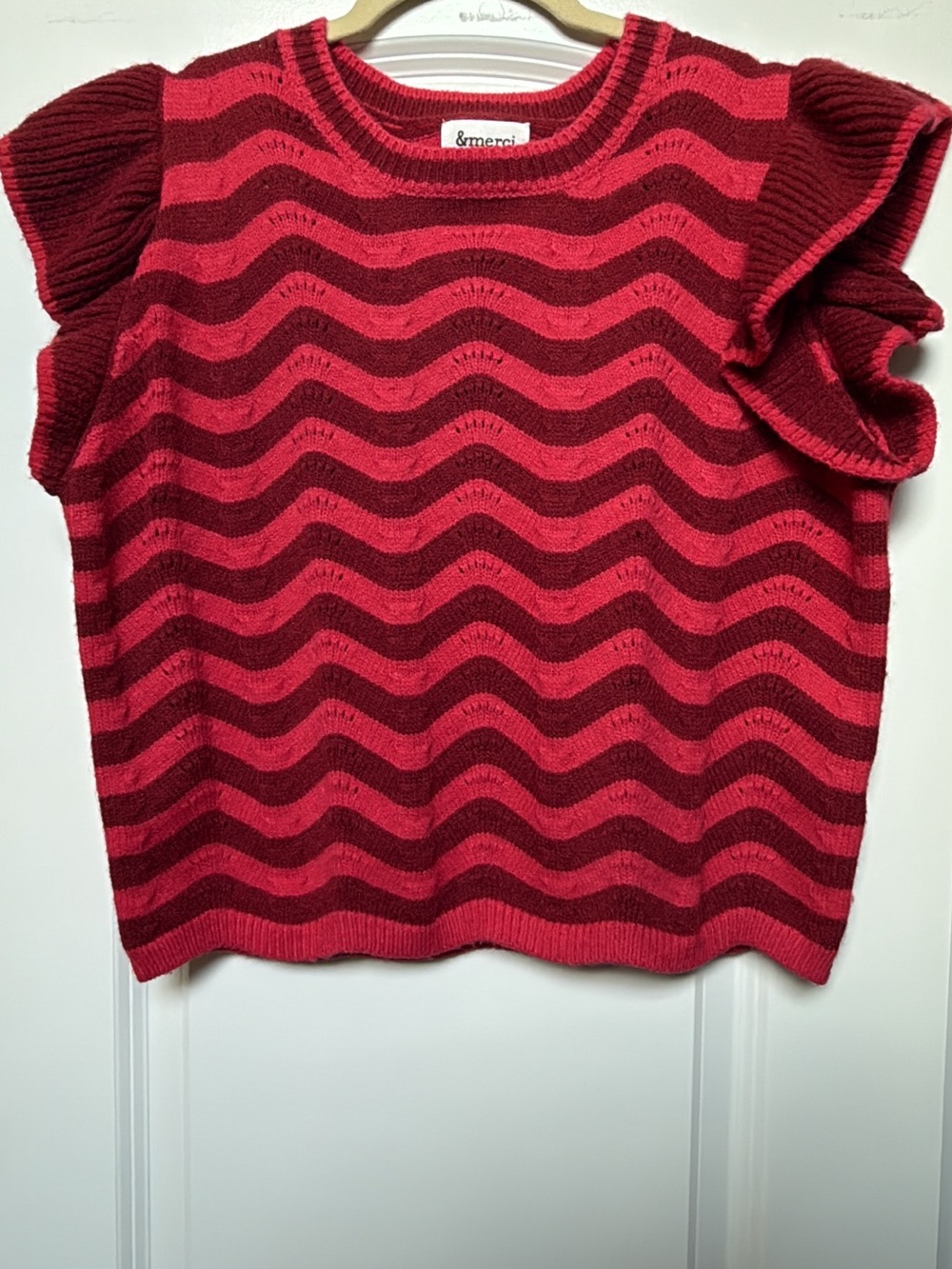 Red Striped Ruffle Sleeve Sweater